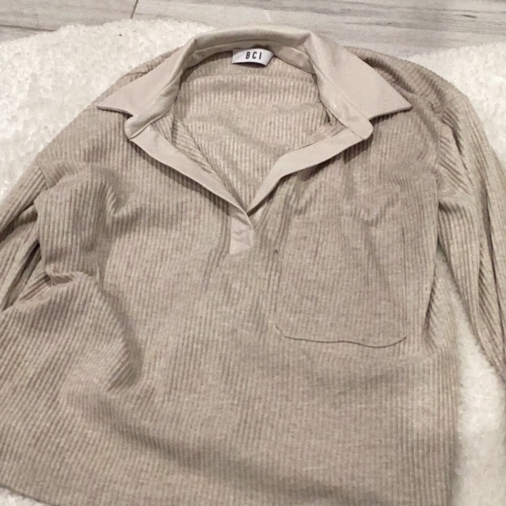 Beige Ribbed Long Sleeve Top